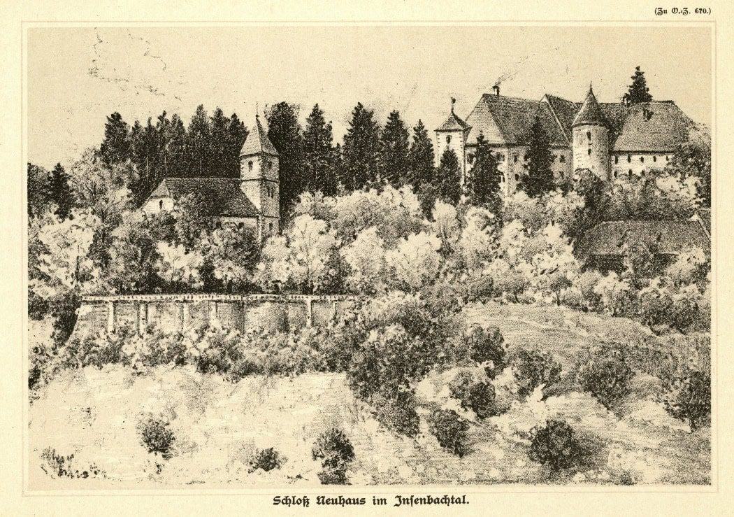 Historischer Stich von Schloß Neuhaus im Insenbachtal